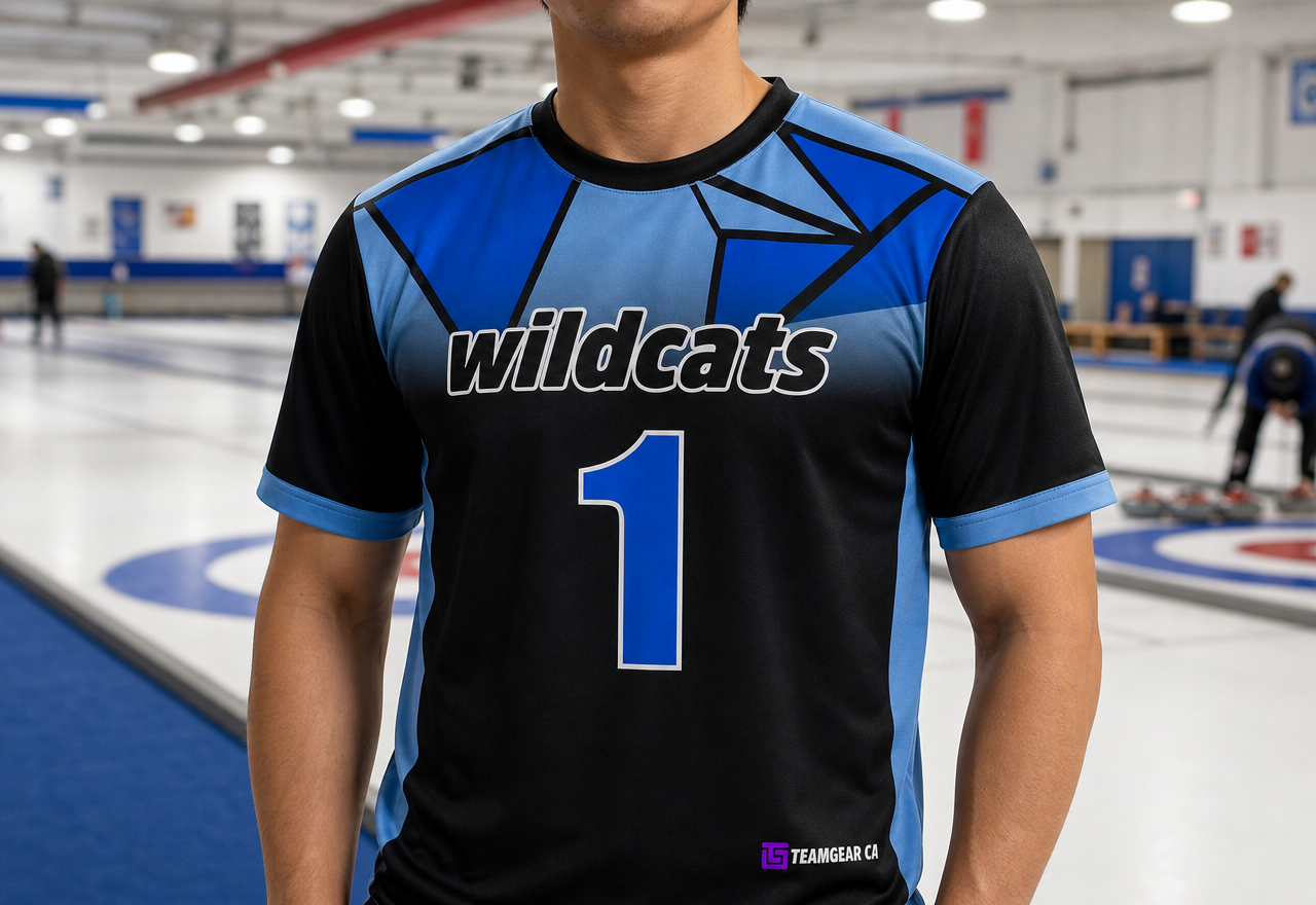 Wildcats Black and Blue Curling Jersey — custom curling jersey worn on model — TeamGear Canada