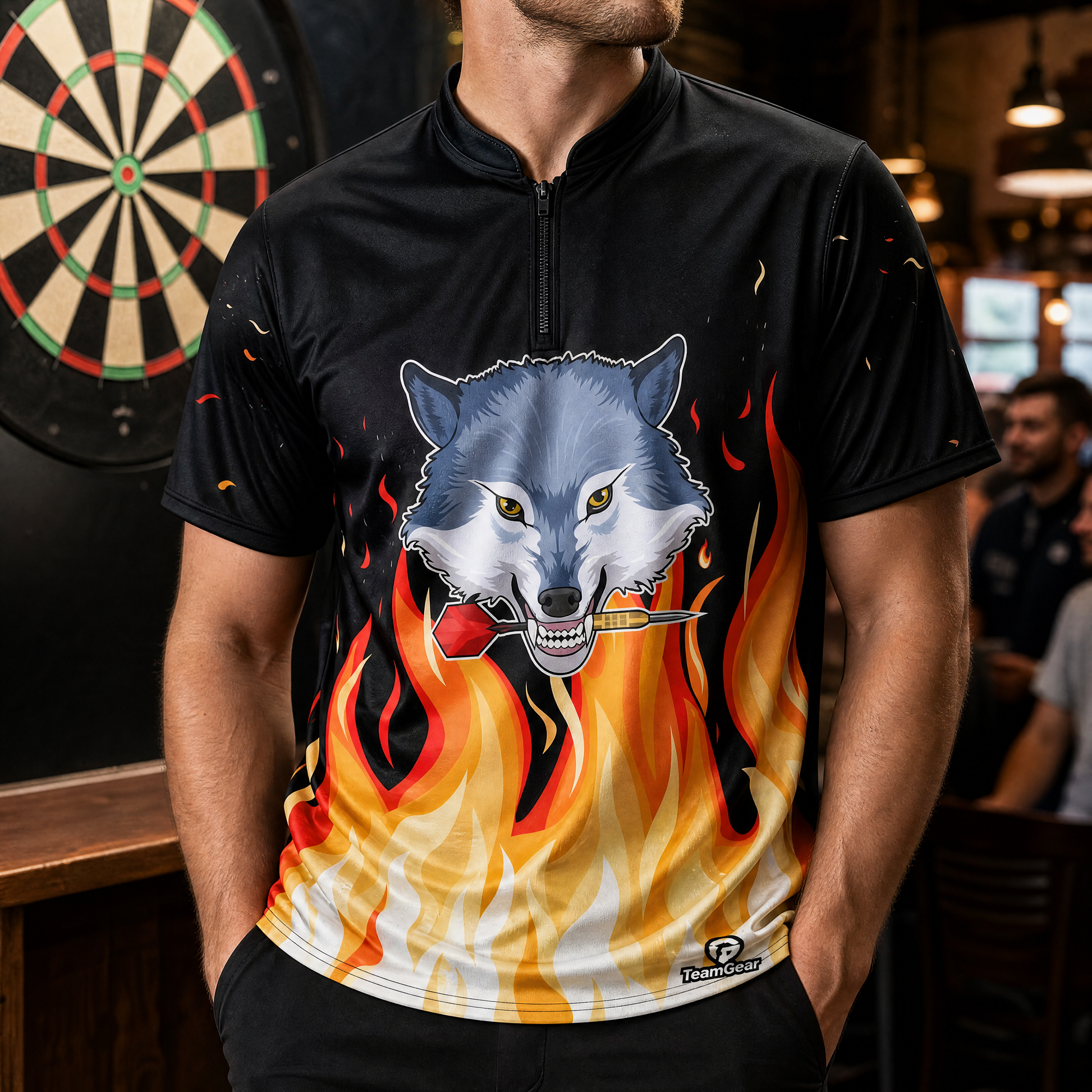 Wolf Darts Jersey — custom darts jersey worn on model — TeamGear Canada