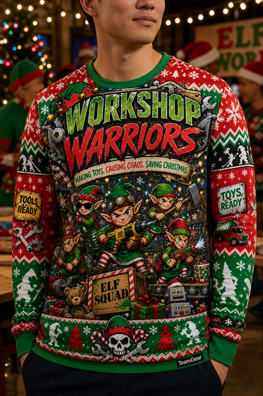 Workshop Warriors Ugly Christmas Sweater — custom christmas team apparel worn on model — TeamGear Canada