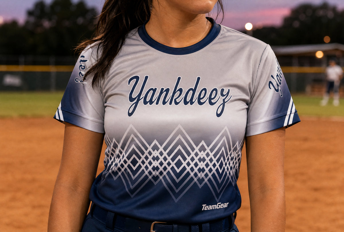 Yankdeez Grey Softball Jersey — custom softball jersey worn on model — TeamGear Canada