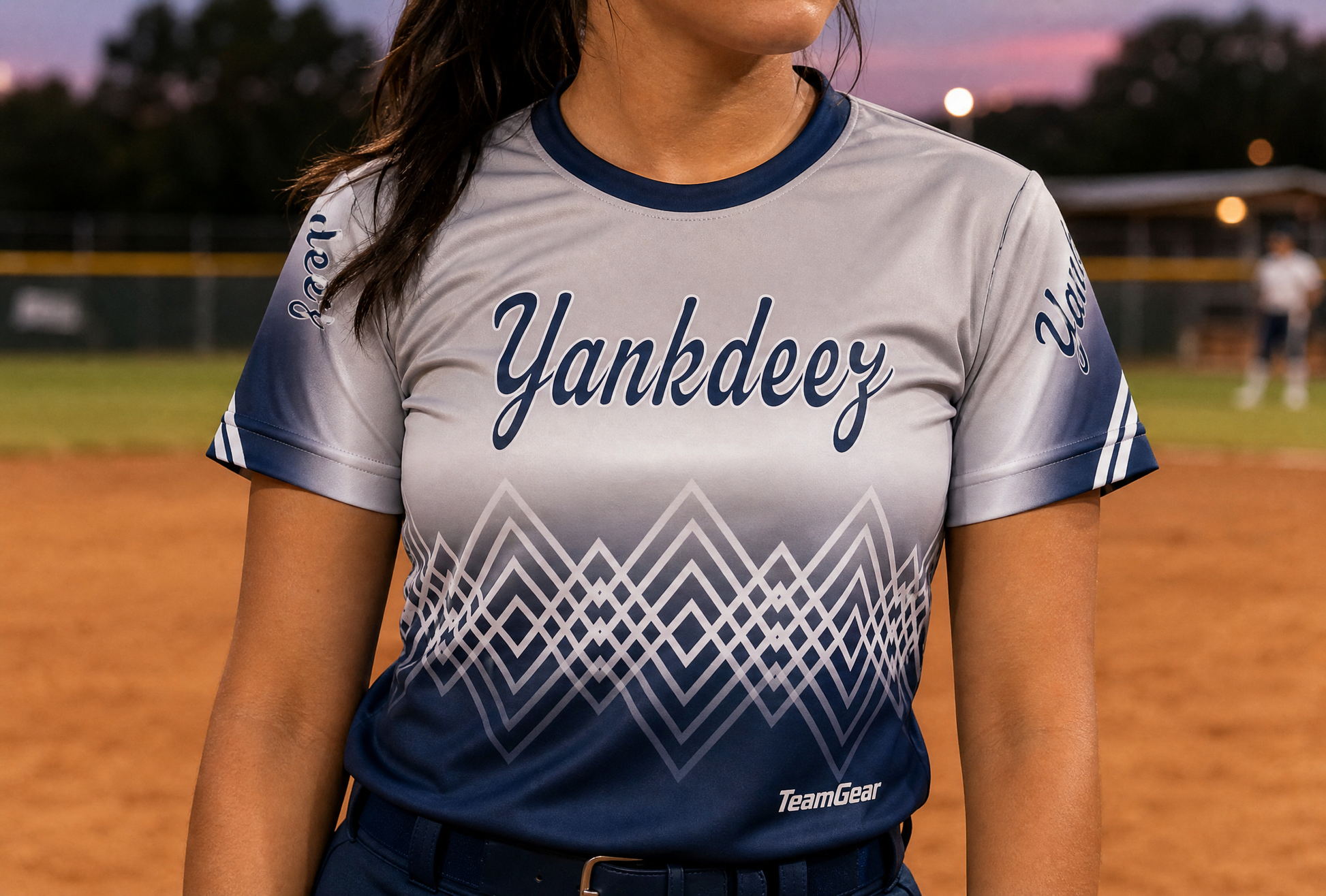 Yankdeez Grey Softball Jersey — custom softball jersey worn on model — TeamGear Canada