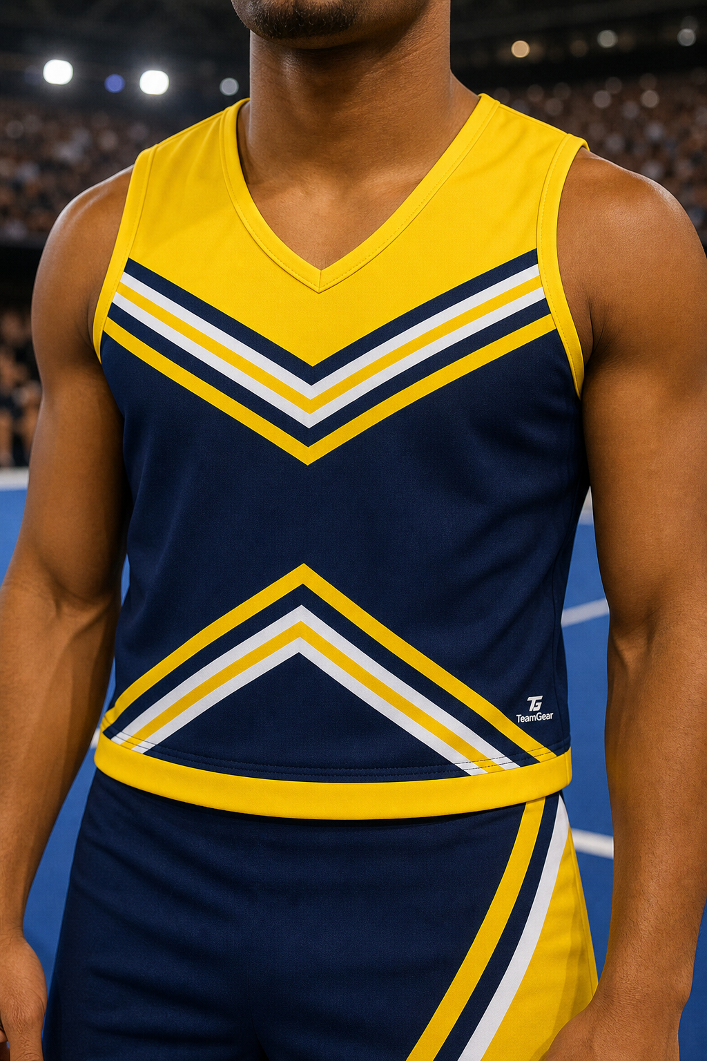 Yellow and Navy Cheerleading Uniform — custom cheerleading team apparel worn on model — TeamGear Canada