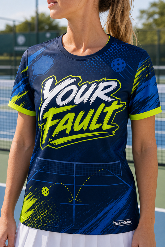 Your Fault Navy Pickleball Jersey — custom pickleball jersey worn on model — TeamGear Canada