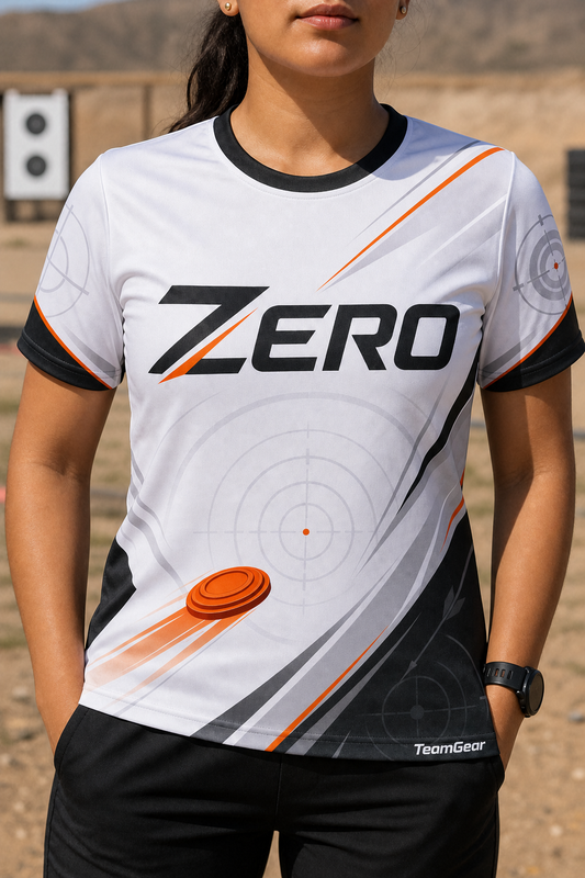 Zero White Shooting Jersey — custom shooting jersey worn on model — TeamGear Canada